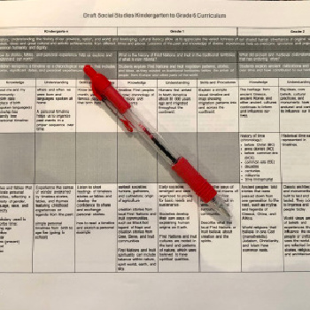 breakdown of curriculum with red pen laying over top